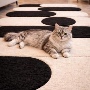 K&ouml;nnte beinhalten: Eine flauschige, silberfarbene Tabby-Katze mit gr&uuml;nen Augen liegt auf einem modernen Teppich. Der Teppich hat ein sich wiederholendes Muster aus schwarzen Kreisen und Ovalen auf cremefarbenem Hintergrund. Die Katze liegt entspannt und blickt direkt in die Kamera.