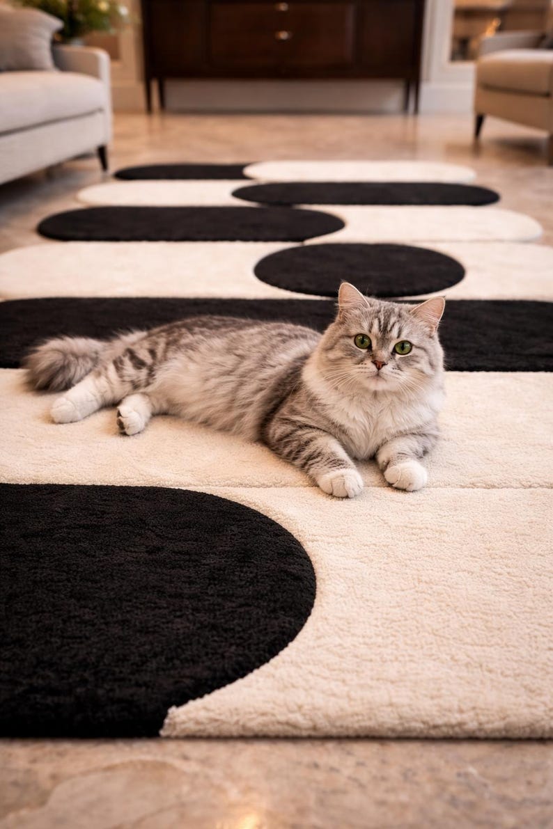 K&ouml;nnte beinhalten: Eine flauschige, silberfarbene Tabby-Katze mit gr&uuml;nen Augen liegt auf einem modernen Teppich. Der Teppich hat ein sich wiederholendes Muster aus schwarzen Kreisen und Ovalen auf cremefarbenem Hintergrund. Die Katze liegt entspannt und blickt direkt in die Kamera.
