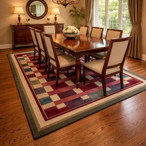 Pu&ograve; includere: Una sala da pranzo formale con un grande tavolo da pranzo in legno scuro e otto sedie. Un colorato tappeto geometrico si trova sotto il tavolo. La stanza comprende un lampadario, una credenza, uno specchio e una finestra con tende.