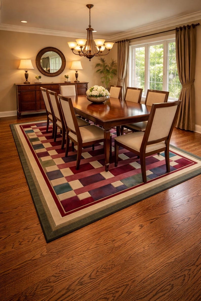 Pu&ograve; includere: Una sala da pranzo formale con un grande tavolo da pranzo in legno scuro e otto sedie. Un colorato tappeto geometrico si trova sotto il tavolo. La stanza comprende un lampadario, una credenza, uno specchio e una finestra con tende.