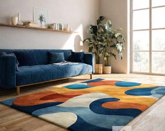Tappeto astratto in lana annodato a mano / Tappeto moderno di metà secolo / Tappeto blu-arancio / Decorazione colorata per soggiorno / Regalo di dimensioni personalizzate