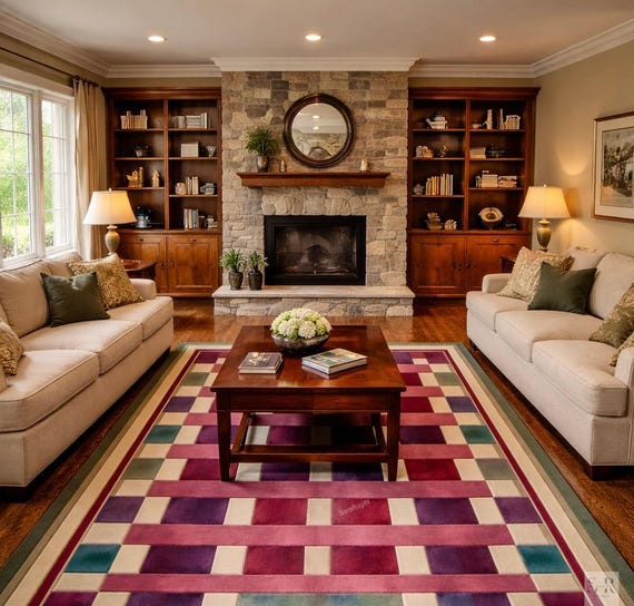 Modern Geometric Wool Rug | Large Hand Tufted Area Carpet | Purple Magenta Teal Checkerboard Rug | Custom Size Living Room Rug | Unique Gift