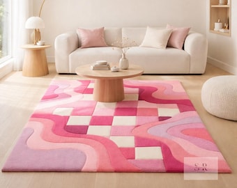 Tappeto a scacchiera rosa ondulato / Tappeto funky anni '70 / Decorazione retrò pastello / Lana annodata a mano / Grazioso tappetino per camera da letto / Dimensioni personalizzate