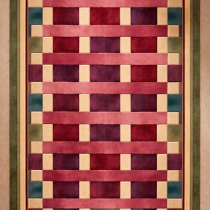 Pu&ograve; includere: Tappeto rettangolare con un motivo intrecciato nelle tonalit&agrave; del rosso, viola e beige. Il design presenta fasce orizzontali e verticali che creano un aspetto a griglia. Il tappeto &egrave; incorniciato da un bordo verde e un bordo interno beige.