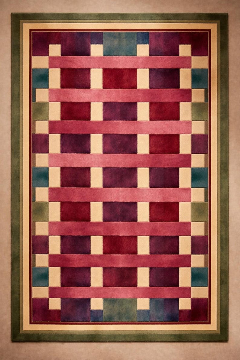 Pu&ograve; includere: Tappeto rettangolare con un motivo intrecciato nelle tonalit&agrave; del rosso, viola e beige. Il design presenta fasce orizzontali e verticali che creano un aspetto a griglia. Il tappeto &egrave; incorniciato da un bordo verde e un bordo interno beige.