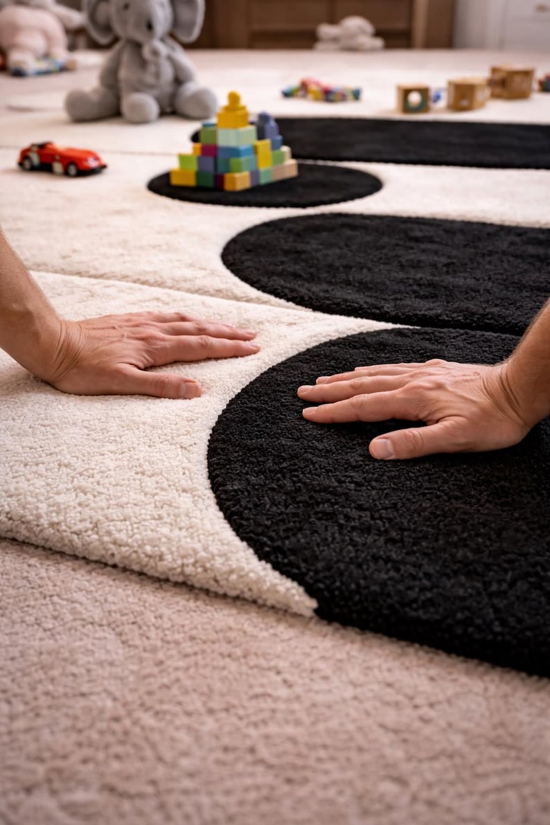 K&ouml;nnte beinhalten: Ein moderner Teppich mit einem einzigartigen Design. Der Teppich hat gro&szlig;e, kreisf&ouml;rmige Muster in Schwarz und Creme. Die weiche Textur ist sichtbar, und der Teppich scheint aus einem dicken, bequemen Material zu bestehen. Spielzeug liegt um den Teppich herum.