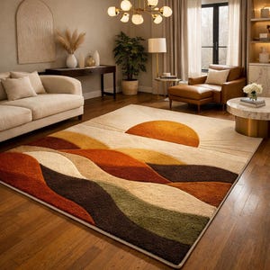 Puede incluir: Una alfombra rectangular grande con un diseño de puesta de sol. La alfombra presenta un fondo crema con un gran sol naranja y bandas onduladas de color marrón, naranja, amarillo y verde. La alfombra está colocada sobre un suelo de madera en un salón.