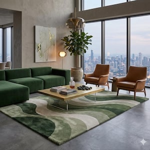May include: A modern living room featuring a green sectional sofa, two brown leather armchairs, and a wooden coffee table. A green and white patterned rug covers the floor. A large window offers a city view. A large abstract painting hangs on the wall.