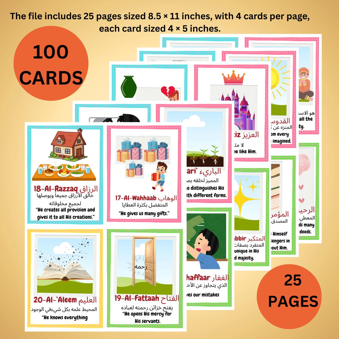 100 Names of Allah Cards for Kids | Arabic & English | Illustrated ...