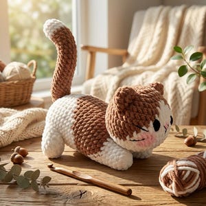 May include: A crocheted cat plush toy featuring a white and brown color pattern with a raised tail, black eyes, and pink cheeks. The cat is positioned on a wooden surface alongside a wooden crochet hook and a ball of brown and white yarn.