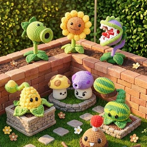 Puede incluir: Una colección de plantas de ganchillo hechas a mano, incluyendo un girasol, una lanzaguisantes y una planta carnívora, dispuestas en un jardín. La escena incluye jardineras de ladrillo, hierba y elementos decorativos como monedas y una regadera.