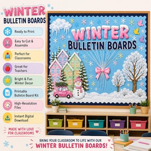 May include: A bulletin board display featuring the text WINTER BULLETIN BOARDS in pink and dark blue letters. The scene includes colorful houses, a pink car, a snowman, snow-covered trees, snowflakes, and a pink bow with hanging strings.