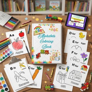 ABC-böcker för barn, ABC-målarbilder | Utskrivbara ABC-lärande | Målarbilder med frukter, illustrationer och målarbilder för barn | Förskolebok med aktivitetsblad