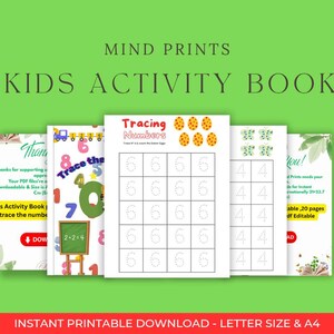 May include: A green background with the text "MIND PRINTS KIDS ACTIVITY BOOK." The image shows a kids activity book with pages for tracing numbers and simple math problems. The book is a printable download.
