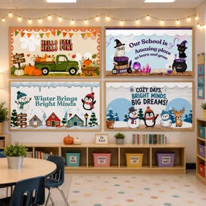 Può includere: Quattro bacheche scolastiche rettangolari con temi stagionali. In alto a sinistra, un camion verde e zucche con il testo "HELLO FALL HELLO FUN". In alto a destra, un gufo, un gatto e cristalli con "Our School is Amazing place to learn and grow". In basso a sinistra, case invernali e un pupazzo di neve con "Winter Brings Bright Minds". In basso a destra, animali invernali e un pupazzo di neve con "COZY DAYS, BRIGHT MINDS, BIG DREAMS".