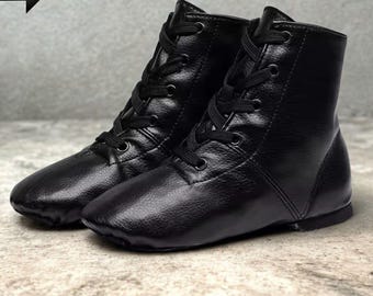 Zapatos largos de jazz unisex de cuero para niños. Zapatos de práctica de baile con cordones.
