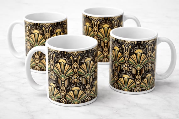 4 x Art Deco Pattern Mug Set – Gold & Emerald Geometric Design | White Ceramic Coffee Mugs | Gift Idea