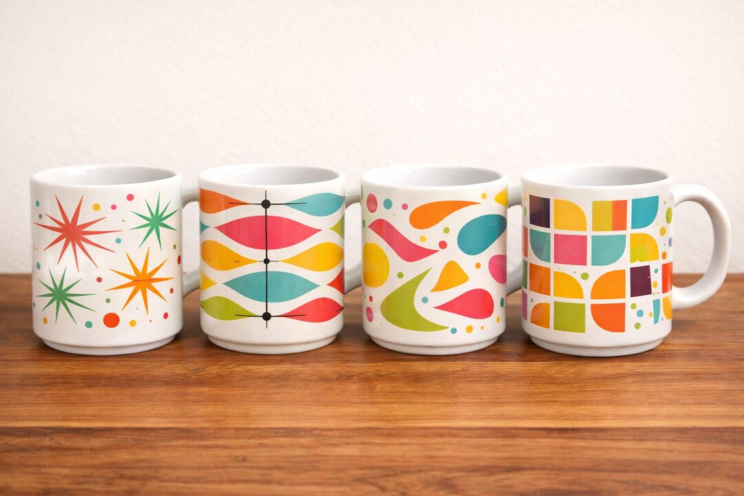 Mid Century Modern Mug Set Retro Pattern Coffee Cups Colourful Atomic ...