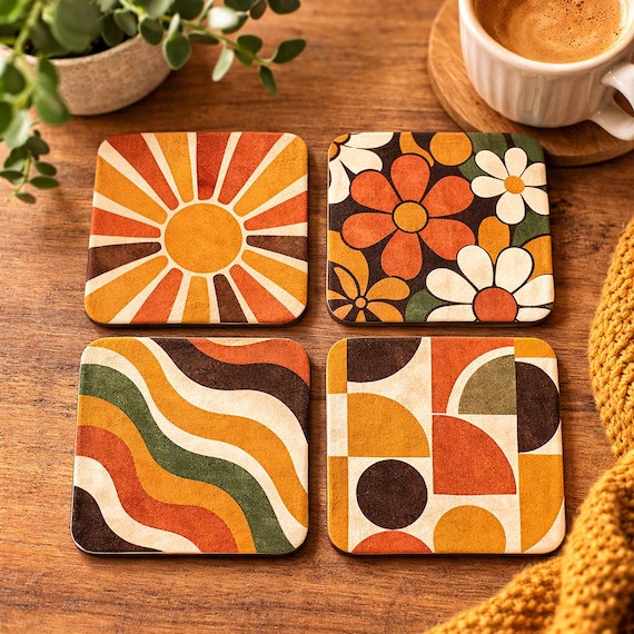 Retro 70s Coaster Set | Mid Century Modern Sunburst, Floral, Abstract Drinkware