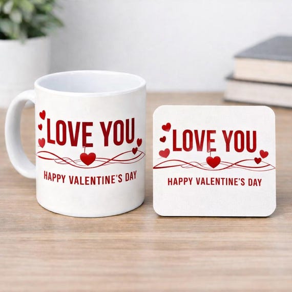 Valentines Day Mug and Coaster Set – Love You Mug – Romantic Gift for Him Her – Cute Heart Mug – Valentine Gift for Boyfriend Girlfriend
