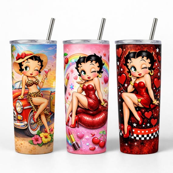 Betty Boop Inspired 20oz Skinny Tumbler | Retro Pin Up Cup | Beach Glam Heart Design