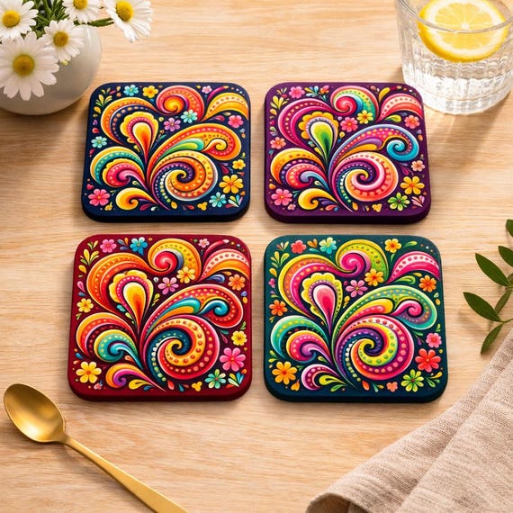 Colourful Paisley Coaster Set | Bright Boho Drink Coasters