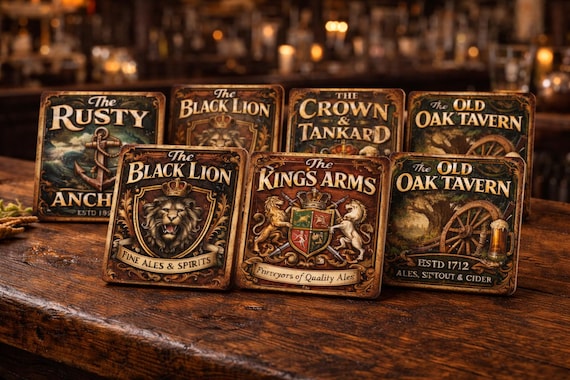 Vintage British Pub Coaster Set – Rustic Tavern Alehouse Drink Mats, Man Cave Decor