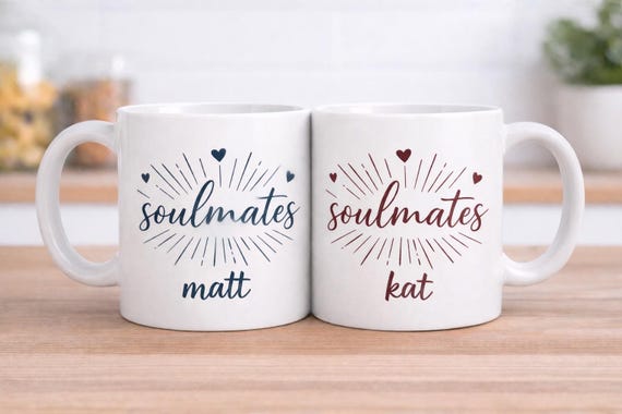 Soulmates Matching Mug Set. Wedding, Engagement, Anniversary Gift. Personalised or Plain