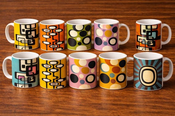 Mid Century Modern Coffee Mug Set, Retro Geometric Design