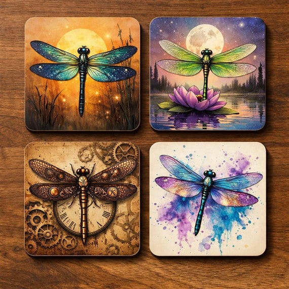 Dragonfly Art Coasters – Set of 4 | Nature, Steampunk & Watercolour Design