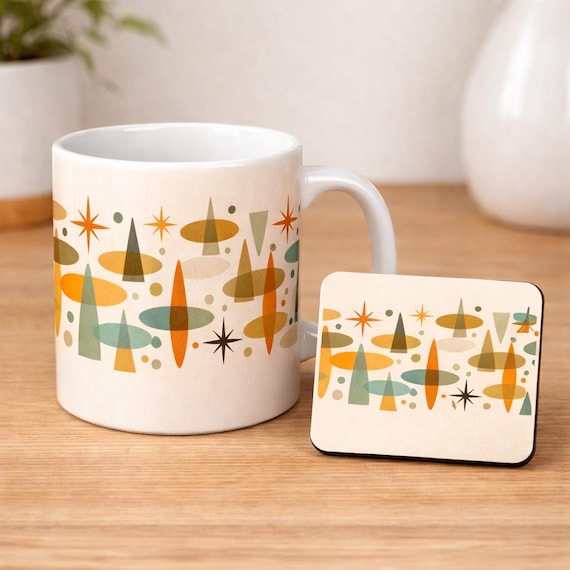 Mid Century Modern Pattern Mug and Coaster Set Retro Atomic Design Gift