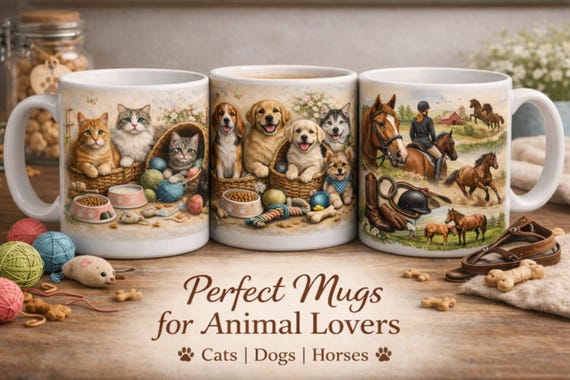 Animal Lover Mug – Cats, Dogs & Horses