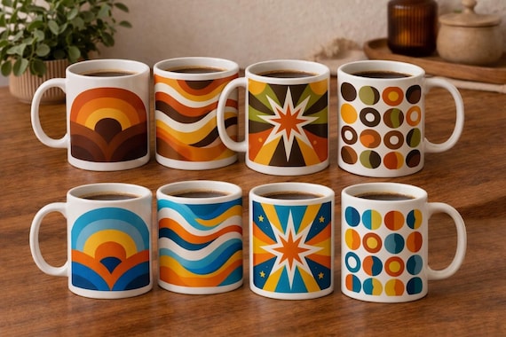 Mid Century Modern Mugs Set of 4, Retro 70s Geometric Coffee Cups
