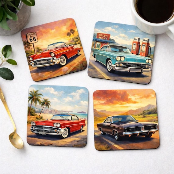 Vintage American Classic Car Coaster Set Retro Route 66 Muscle Car Drink Coasters