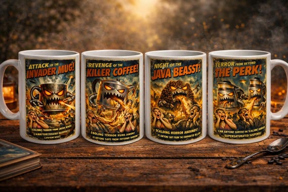 Retro Sci-Fi Mug – 1950s B-Movie Horror Style Coffee Cup – Vintage Robot Invader Design – Funny Geek Gift for Film Fans