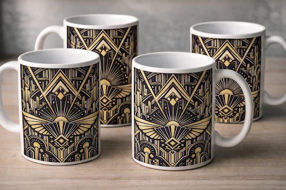 Art Deco Gold Black Mug | Luxury Coffee Cup | Vintage Gatsby Style Mug | Elegant Gift for Her & Him | Premium Ceramic Tea Mug set of 4