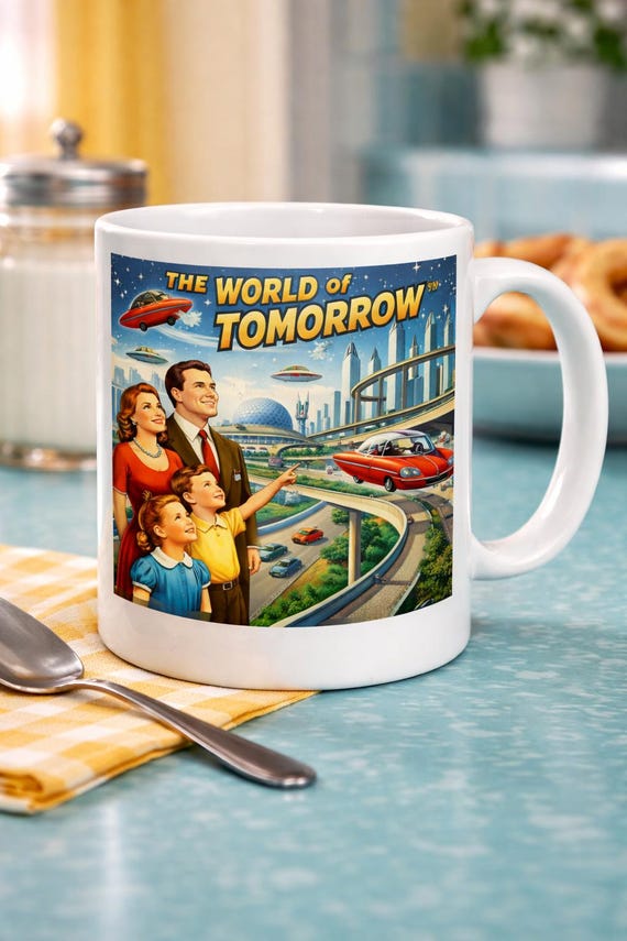 1950s Retro Futuristic Mug – World of Tomorrow Sci-Fi Vintage Style Coffee Cup – Mid Century Future America Gift