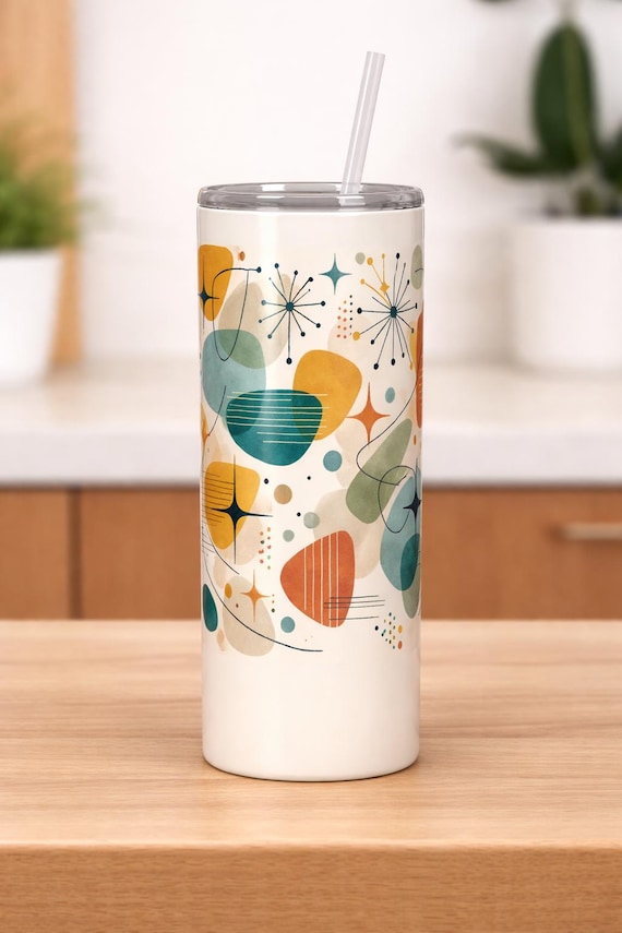 Mid Century Modern Tumbler – Atomic Starburst Travel Cup, Teal Orange Boho Drinkware