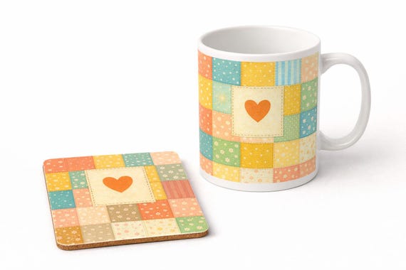 Heart Patchwork Mug & Coaster Set – Cute Pastel Love Design