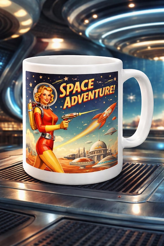 Retro Space Adventure Mug – 1950s Sci-Fi Style Coffee Cup – Vintage Futuristic Rocket & Alien Planet Design – Unique Gift for Sci-Fi Fans