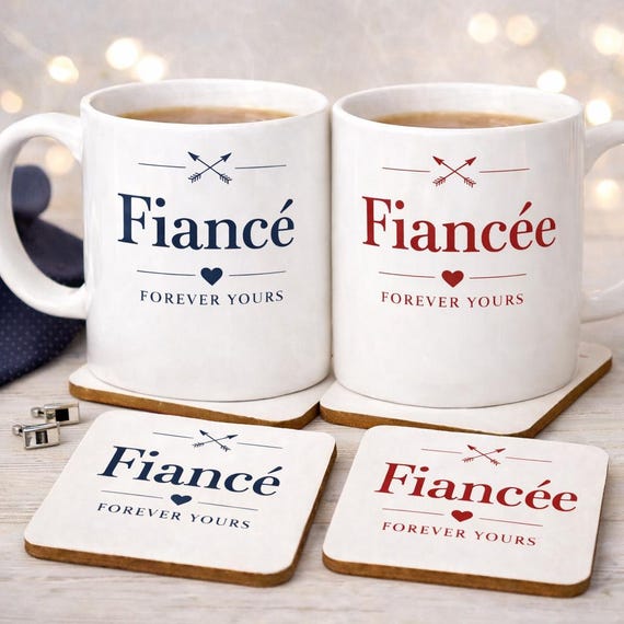 Fiancé or Fiancèe Mug & Coaster Set - Valentine's Day Engagement Gift Personalisation available
