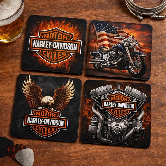 Harley Davidson Coasters Set of 4 Motorcycle Biker Drinks Coasters