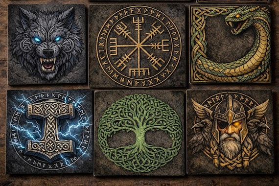 Viking Norse Mythology Coasters Set Celtic Rune Nordic Symbols