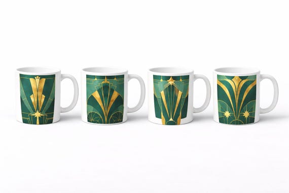 Art Deco Mug Set, Green and Gold Vintage Coffee Cups