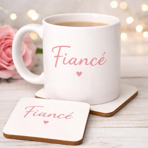 Fiancé Mug Coaster Set Engagement Gift Romantic Coffee Cup Valentine Present