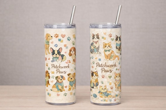 Patchwork Quilt 20oz Slim Tumbler | Dog & Cat Lover Gift | Cute Patchwork Pet Animals Cup | Reusable Hot or  Cold Cup with Straw |
