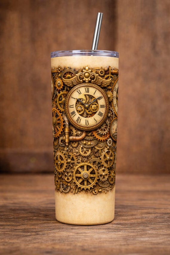 Steampunk Clock Tumbler | Vintage Gears, Roman Numerals, Mechanical Design