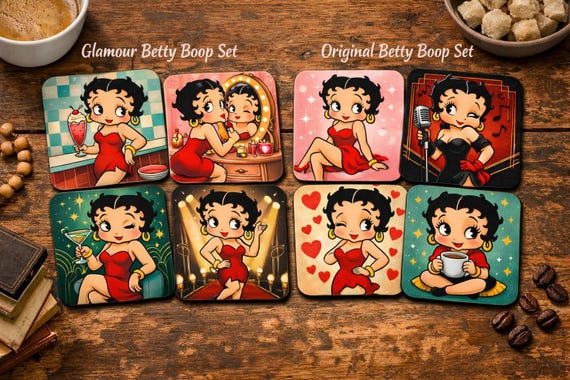 Betty Boop Coasters Set: Retro Cartoon Pin Up Kitchen Decor