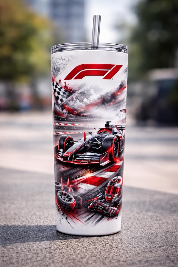 Formula 1 Racing Tumbler – Red Black Race Car Travel Cup with Straw