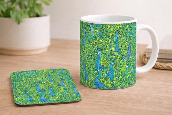 Peacock Mug and Coaster Set, Colourful Bird Art Home Decor
